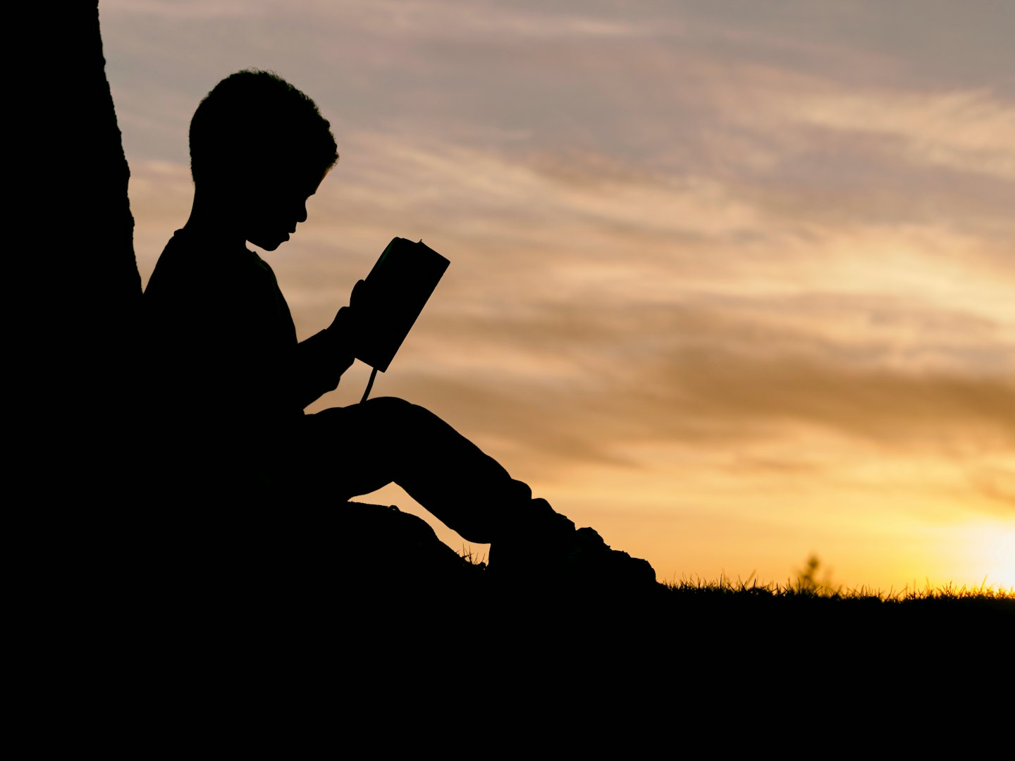 Kind liest ein Buch vor Sonnenuntergang.